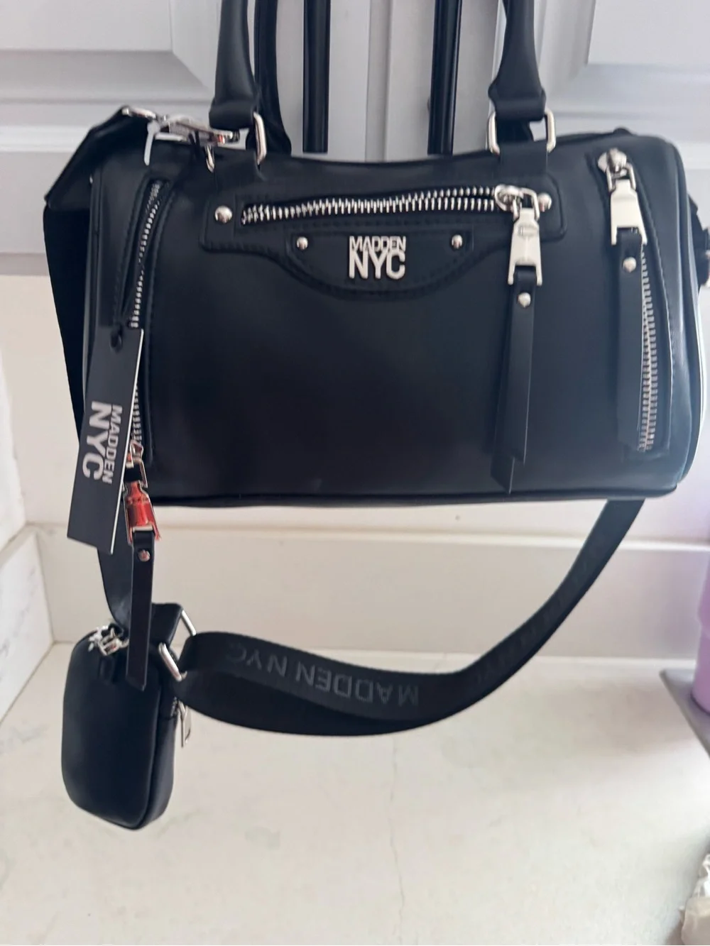 NWT- core barrel Madden NYC Black Satchel with Wide Logo Strap.